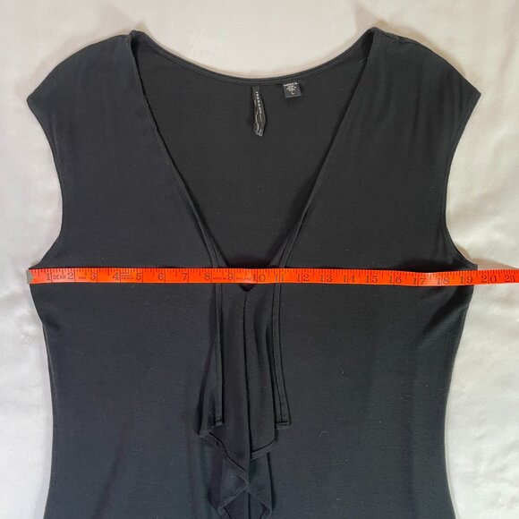 Isda Jersey Knit Top Tunic Black Short Cap Sleeves Ruffle Deep V Neck Size L - Picture 3 of 7